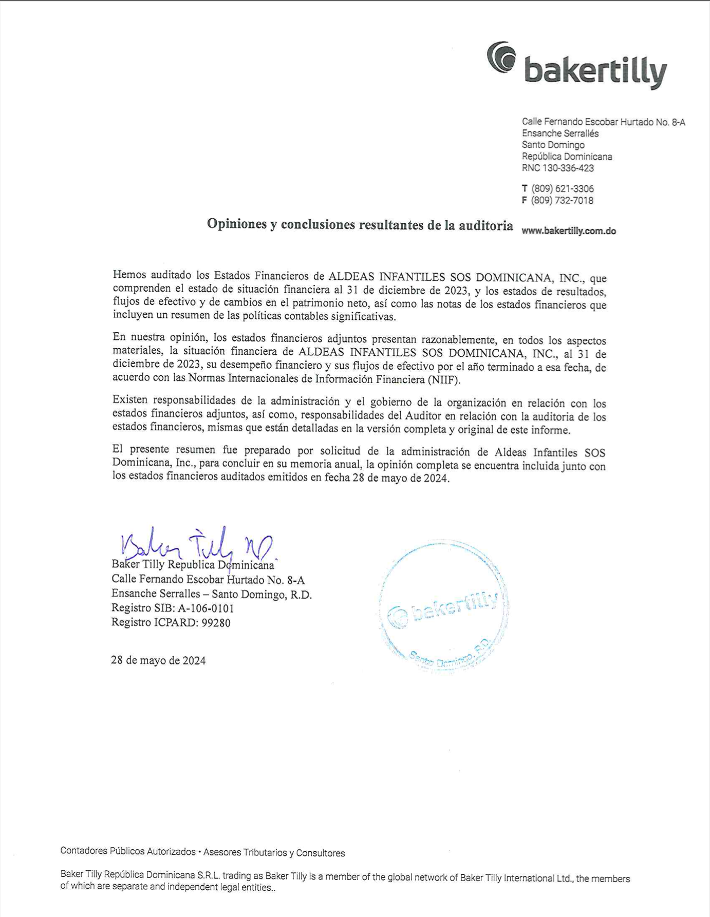 Portada del Informe Auditores Resumen para memoria anual 2023